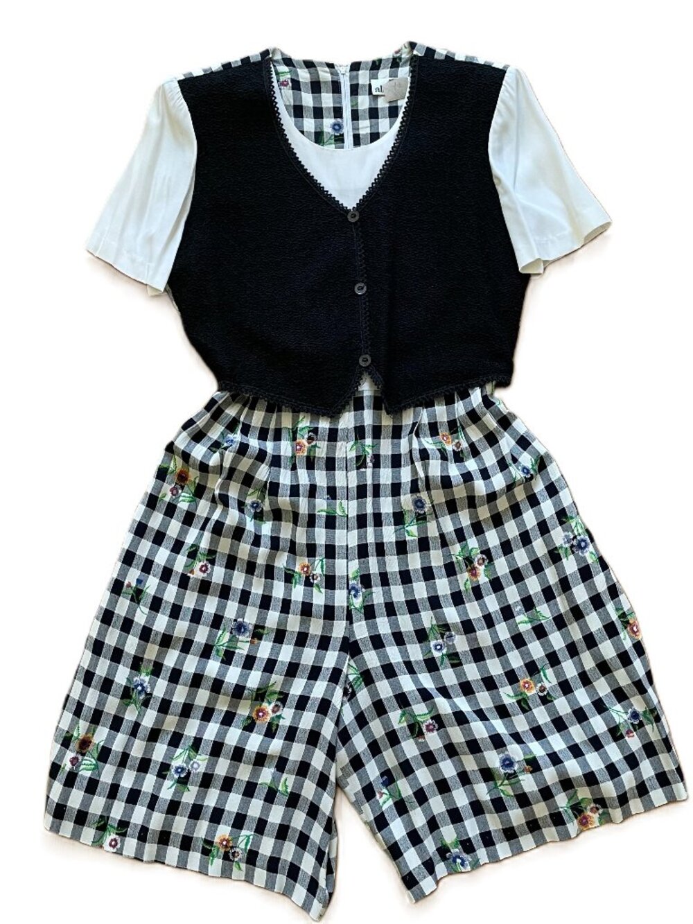 Vtg 80’s Black & White Floral Check Women’s One-Piece Romper by Allison-Che Sz 8
